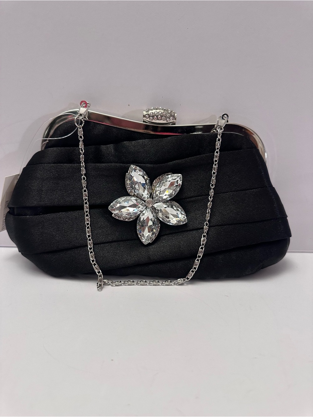 NWT Black Satin Rhinestone Evening Clutch • Chain Strap • Jeweled Kiss-Lock